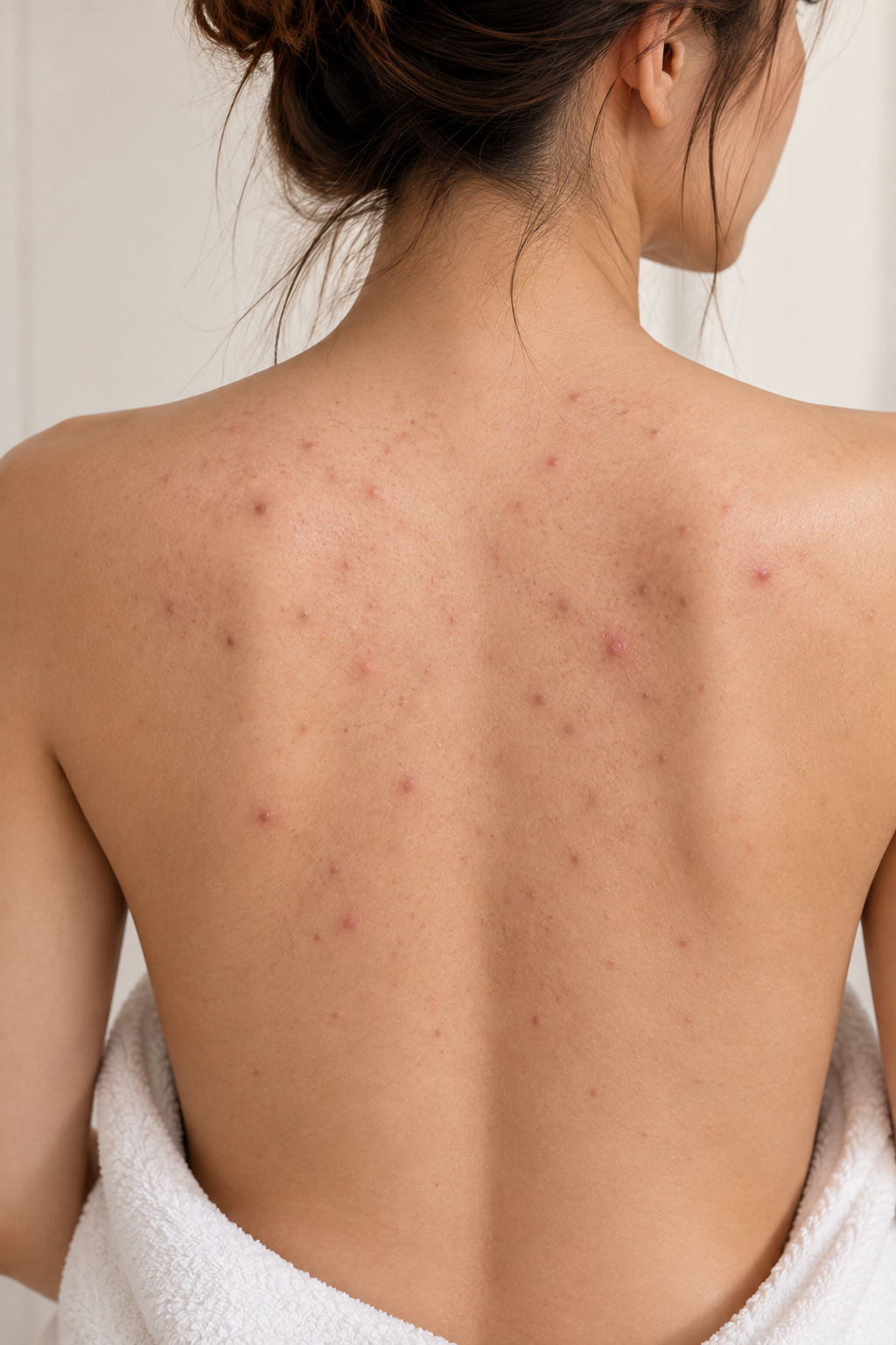 Close-up of a woman’s back showing visible back acne, red bumps, clogged pores, and post-acne dark marks on the shoulders and upper back.