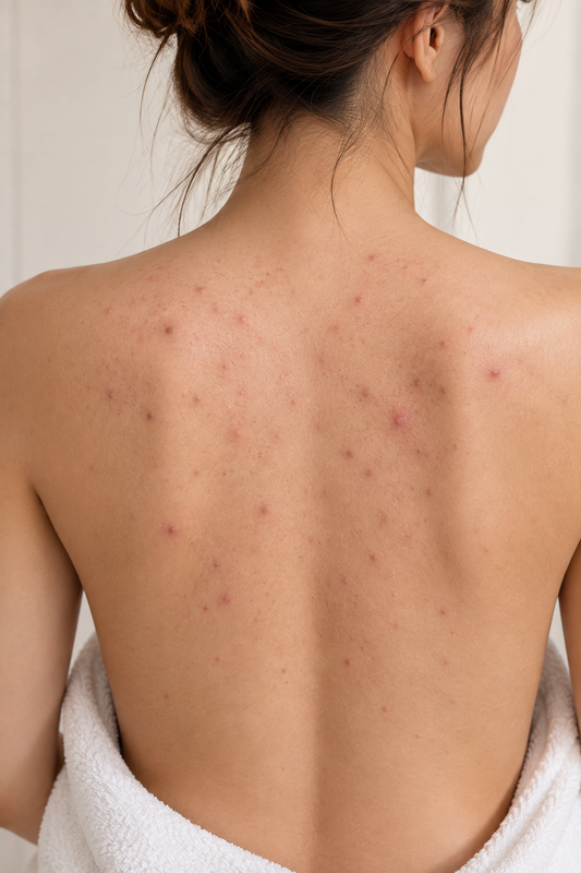 Close-up of a woman’s back showing visible back acne, red bumps, clogged pores, and post-acne dark marks on the shoulders and upper back.